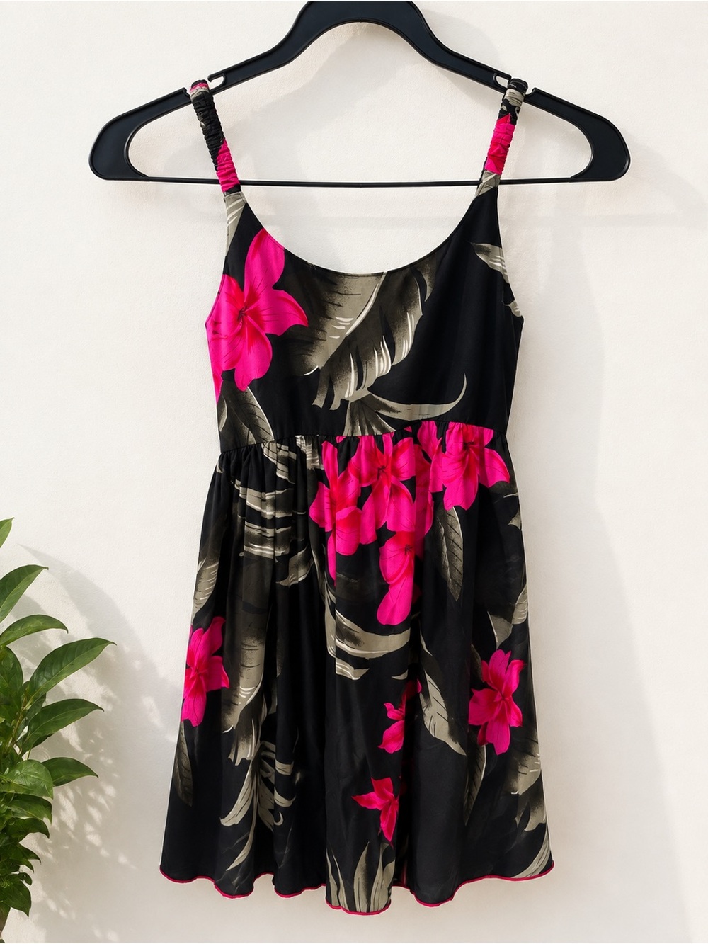 Girls Black Tank Dress with Bright Pink Floral Print